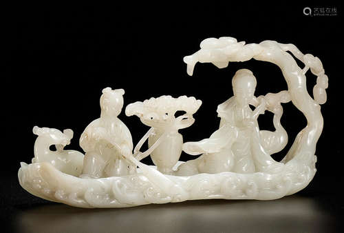 A rare pale greenish-white jade raft group Mid Qing Dynasty