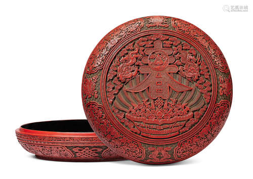 A rare and large three-colour lacquer 'chun' incised gilt box and cover Qianlong six-character mark and of the period