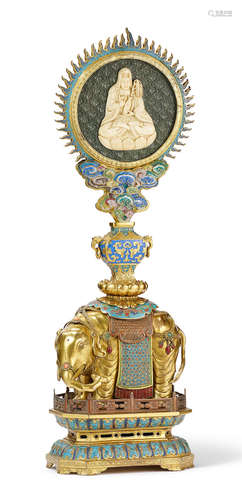 A rare Imperial gilt-bronze, cloisonné and champlevé enamel ivory-inlaid 'elephant and vase Guanyin and Skanda' emblem Qianlong