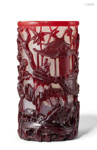 A rare red overlay glass 'Four Noble Occupations' brushpot, bitong Mid Qing Dynasty