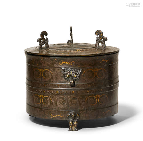 A rare archaistic silver-and-gold-inlaid bronze tripod wine vessel and cover, zun Mid Qing Dynasty