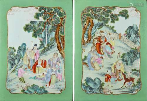 A rare pair of famille rose plaques enamelled with 'the Five Gods Of Wufang' and 'The Three Star Gods' Qianlong