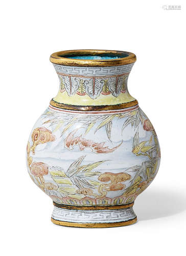 A rare painted enamel miniature vase, hu Blue enamel Qianlong four-character mark and of the period