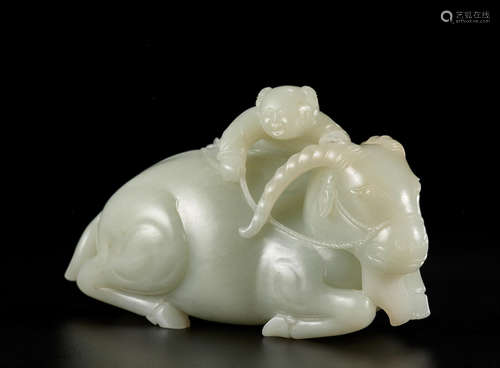 A very rare pale green jade 'ram and boy' group 18th century