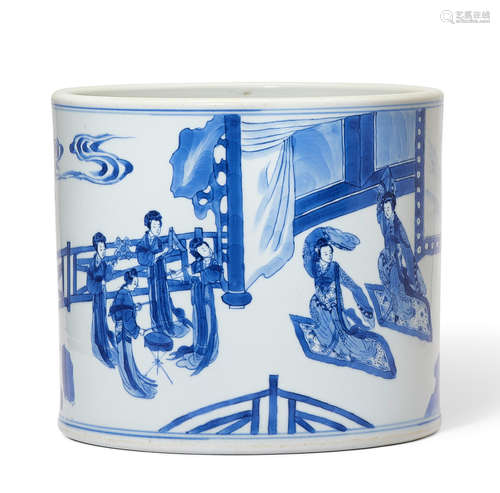 A fine blue and white 'dancers and musicians' brushpot, bitong Chenghua six-character mark, Kangxi