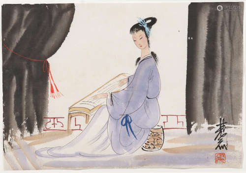 Lin Fengmian (1900-1991) Lady playing the Guqin