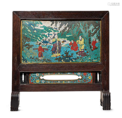 A rare cloisonné enamel and zitan 'Tao Yuanming' table screen Late Ming Dynasty