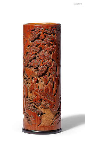 A finely carved 'Romance of the Western Chamber' bamboo parfumier, xiangtong Mid Qing Dynasty