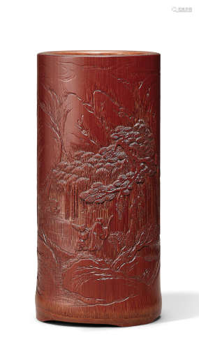 A carved 'scholar and attendant' bamboo brushpot, bitong Signed Wang Jian, cyclically dated Wuchen year, corresponding to 1748 and of the period
