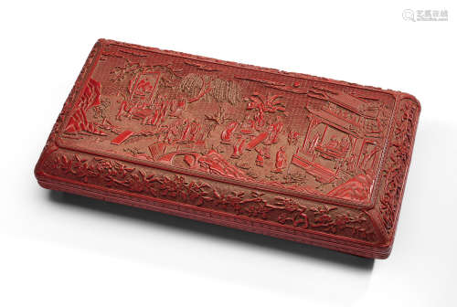 A rare and large carved cinnabar lacquer 'four scholarly accomplishments' box and cover Late Ming Dynasty