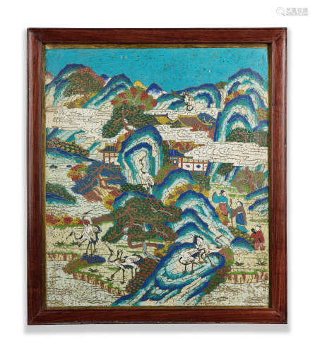 A rare cloisonné enamel 'sages and qin' panel Qianlong