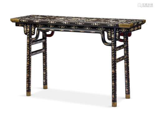 A rare mother-of-pearl-inlaid black lacquer recessed-leg table, pingtou'an Ming Dynasty