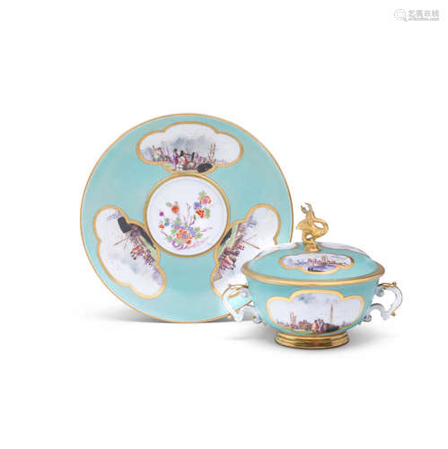 A Meissen small turquoise-ground ecuelle, cover and stand, circa 1740