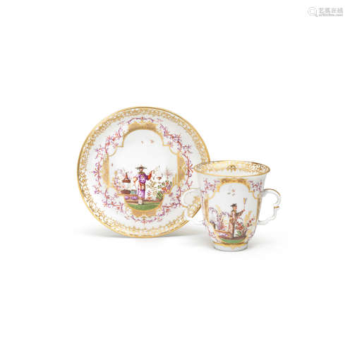 A Meissen double-handled beaker and saucer, circa 1725-30