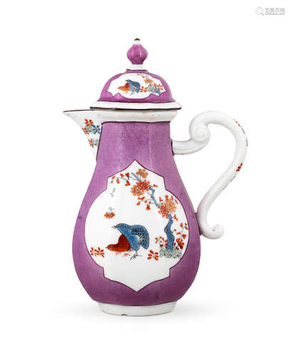 A Meissen octagonal purple-ground hot water jug and cover, circa 1735