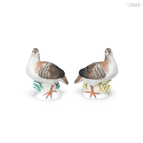 A pair of Meissen models of partridges, mid 18th century