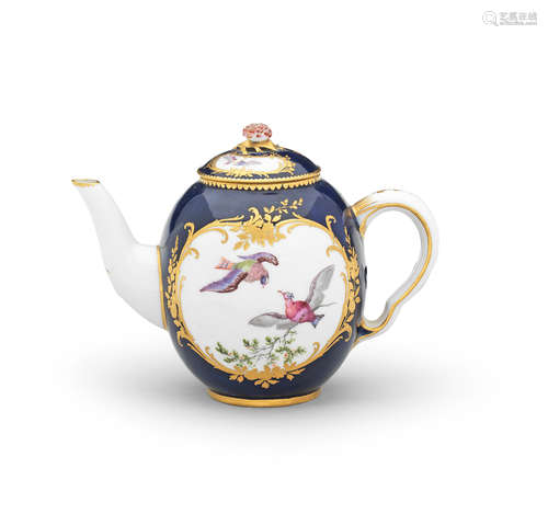 A Vincennes bleu lapis-ground teapot and cover (théière 'Calabre'), circa 1755