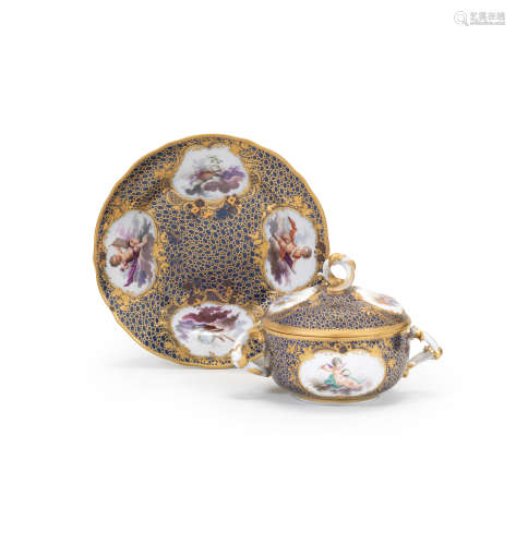 A Vienna blue-ground two-handled ecuelle, cover and stand, circa 1775-80