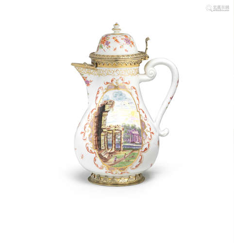 A Meissen silver-gilt-mounted coffee pot and cover, circa 1722-25