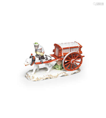 A rare Ludwigsburg model of a monkey seated on a dog pulling a cart, circa 1765