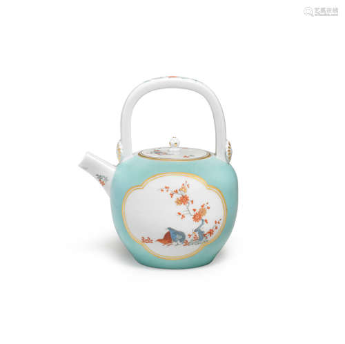 A rare Meissen celadon-ground tea kettle and cover, circa 1730-35