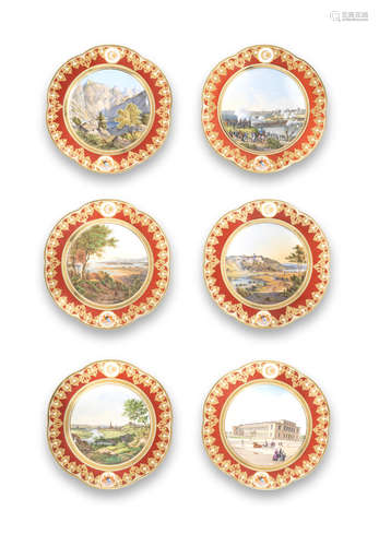 A rare set of six Nymphenburg topographical plates from an armorial service presented to the Ottoman Turkish Court, dated 1847