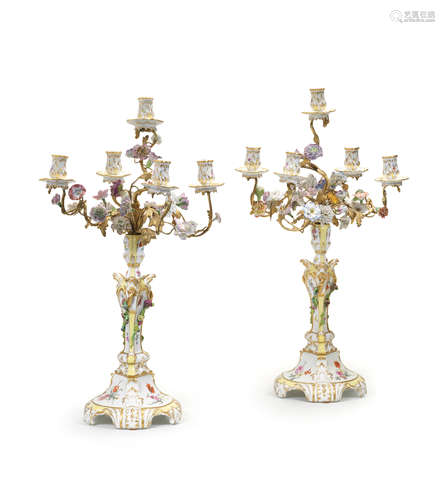 A magnificent and rare pair of Berlin ormolu-mounted yellow ground table candelabra most likely ordered by Frederick the Great, circa 1771