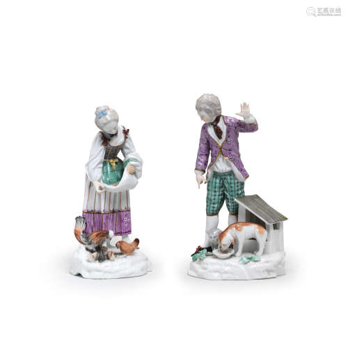 A rare pair of Fulda figures of a man and woman feeding animals, circa 1770-75