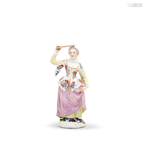 A Meissen figure of a lady with a fan, mid 18th century