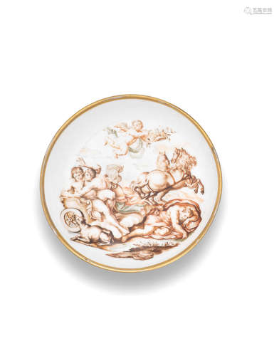 A Meissen Hausmaler saucer, the porcelain circa 1735, the decoration slightly later