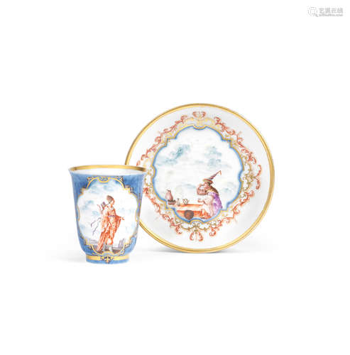 A very rare Meissen underglaze-blue-ground beaker and saucer, circa 1722-23