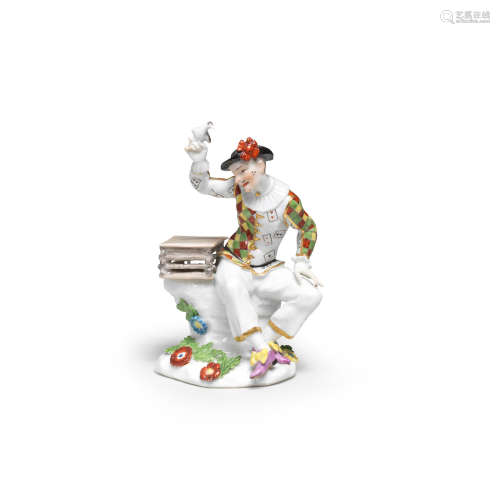 A Meissen figure of Harlequin with a birdcage, circa 1745