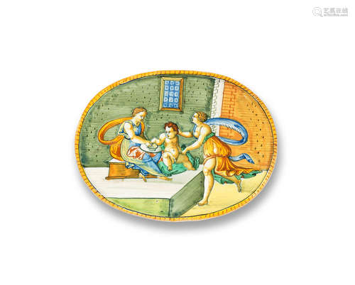 An Urbino istoriato maiolica oval cover or dish, circa 1530-50