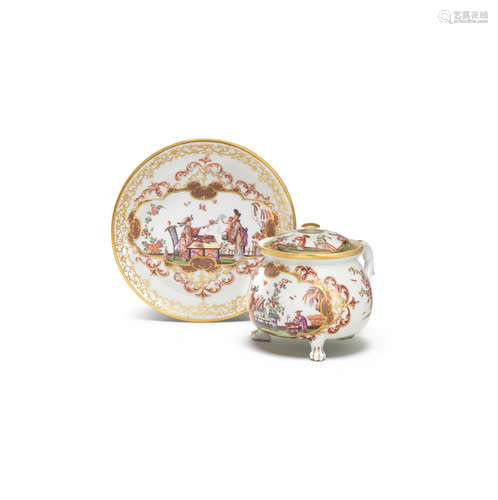 A Meissen cream pot, cover and stand, circa 1725