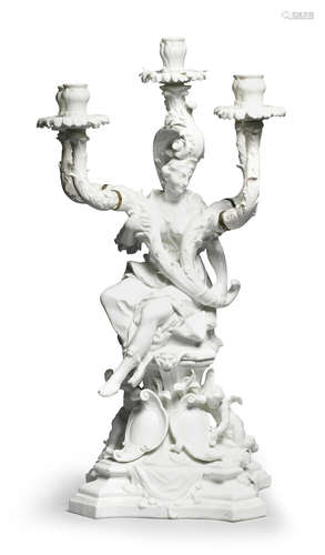 A large and rare Meissen white 'Sulkowski Service' candelabra, circa 1736-40