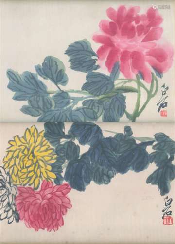 Two woodblock prints after Qi Baishi Peony and Chrysanthemum