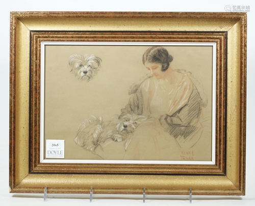 Henri Tenre Dog Art; Crayon Sketch Lady & Terrier