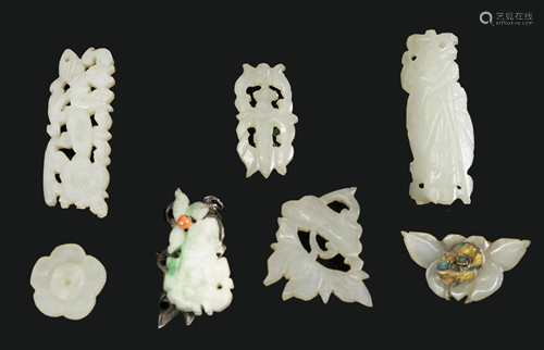 7 Chinese Qing White Jade, Etc Embroider…