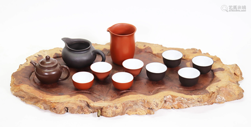 Chinese Yixing Teapot Set; Burl Wood Tray