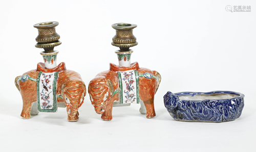 Pr Chinese Porcelain Elephant Candlesticks & B…