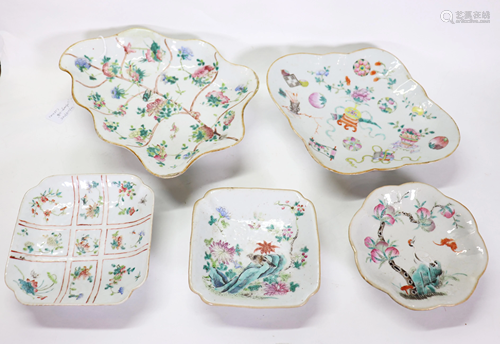 5 Chinese Enameled Porcelain High Foot Bowls