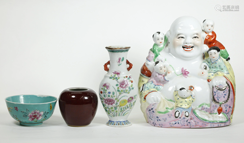 4 Chinese Porcelains Budai Buddha 2 Vases Bowl