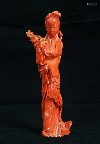 Large Chinese Coral Standing Beautiful Lady; 5…