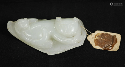 Chinese Qing White Jade 2 Cat Pebble Toggle