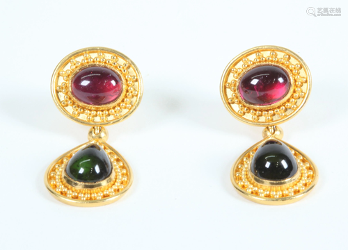 Pink & Green Tourmaline 22K Earrings; …