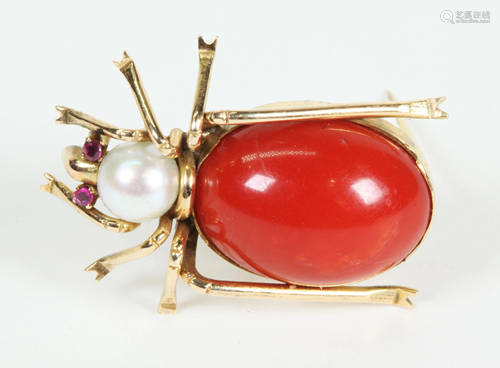 KJ; 14K Yellow Gold Dark Coral Pearl Beetle Pin