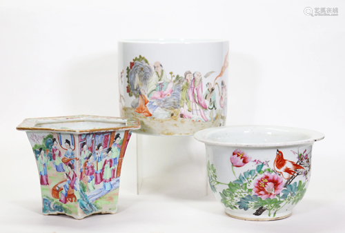 3 - Chinese Porcelains; Brush Pot & 2 P…