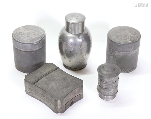 5 Antique Chinese Pewter Objects Tea Cosmetic