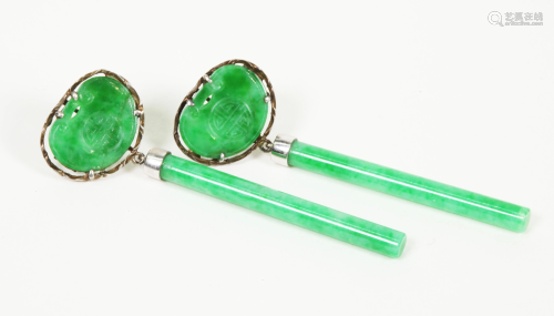 Pair Chinese Art Deco Green Jadeite Drop E…