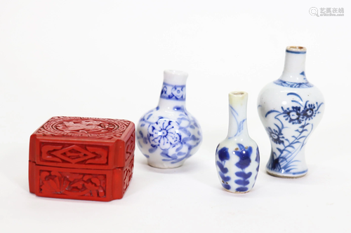 3 Chinese Miniature Porcelain Vases; Cinnabar …